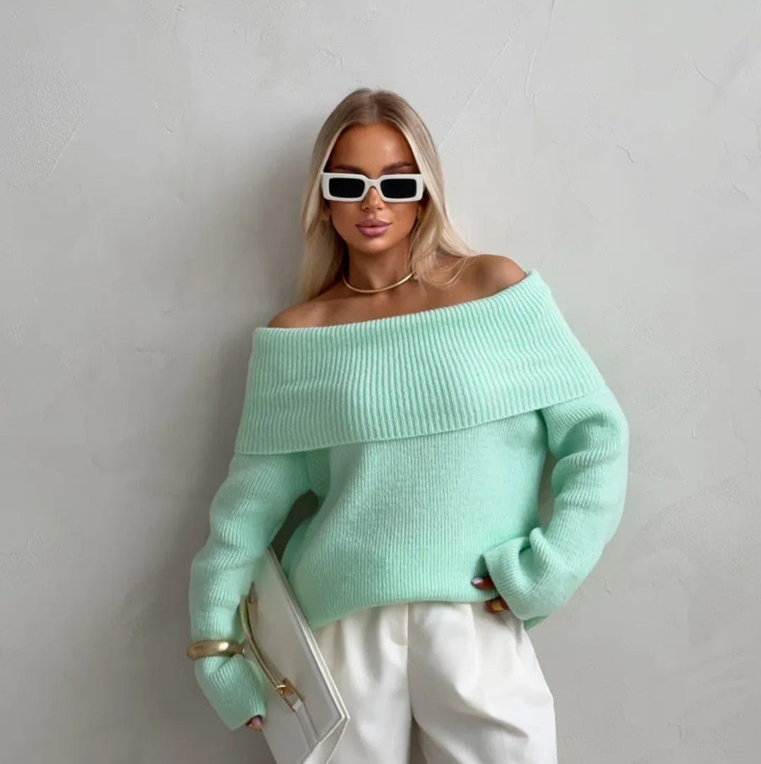 Women's Sweater with Lapel Collar and Bare Shoulders - Chic and Comfortable