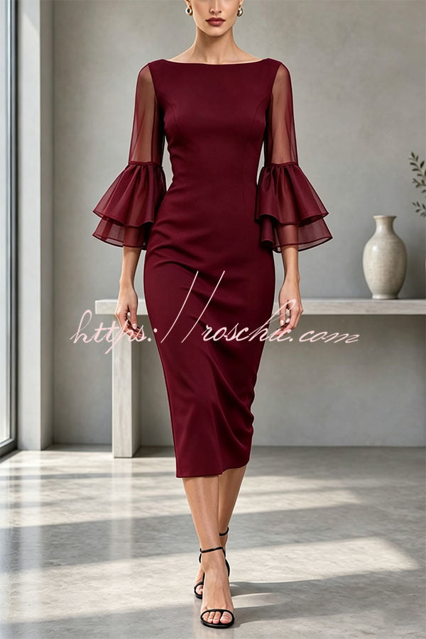 Formal Boat Neck Sheer Double Layer Bell Sleeve Bodycon Midi Dress