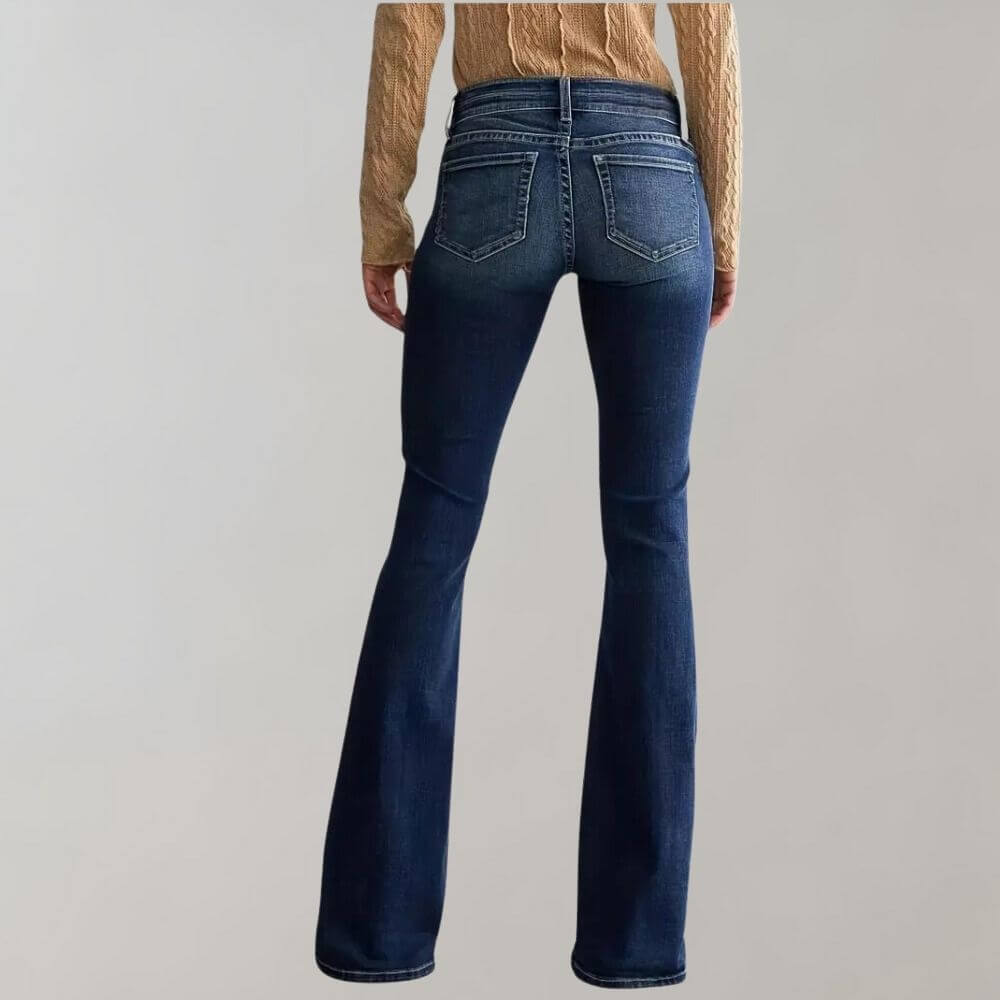 Women's Mid-Waist Slim Fit Stretch Flared Jeans, view 2 - Elena Harper