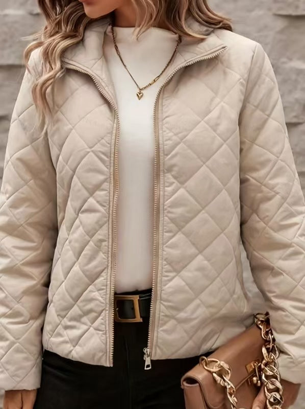Women's Diamond Pattern Long Sleeve Coat – Solid Color with Classic Lapels and Relaxed Fit