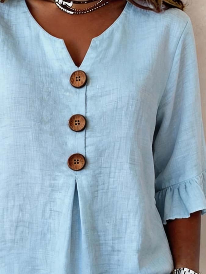Women's Solid Color Blouse with Puff Sleeves, Buttons, Fluid Cut, Casual Style