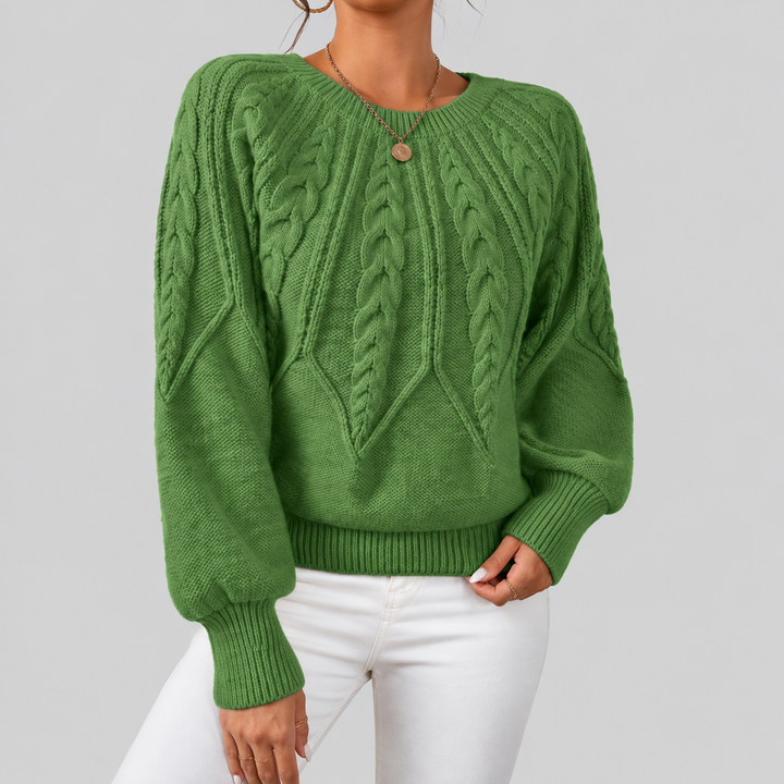 Knitted Sweater for Women with Cable Pattern and Round Neck - Elena Harper