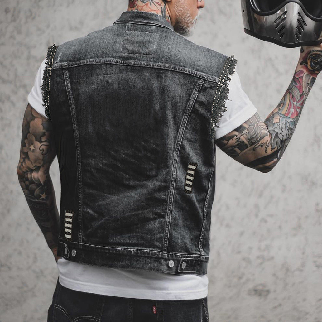 Sleeveless Denim Jacket with Notched Collar and Straight Hem | Perfect for Autumn