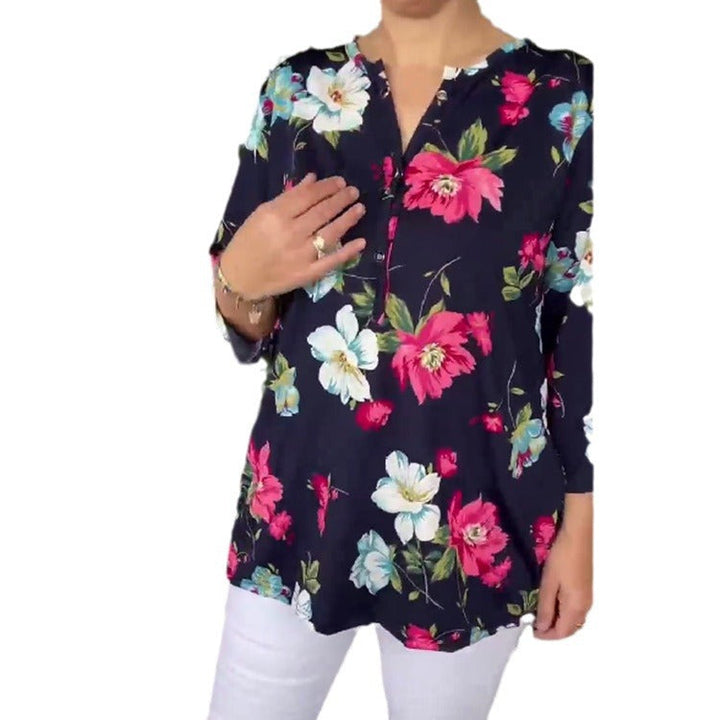 Grazia Floral Summer Top with V-Neck, view 4 - Elena Harper