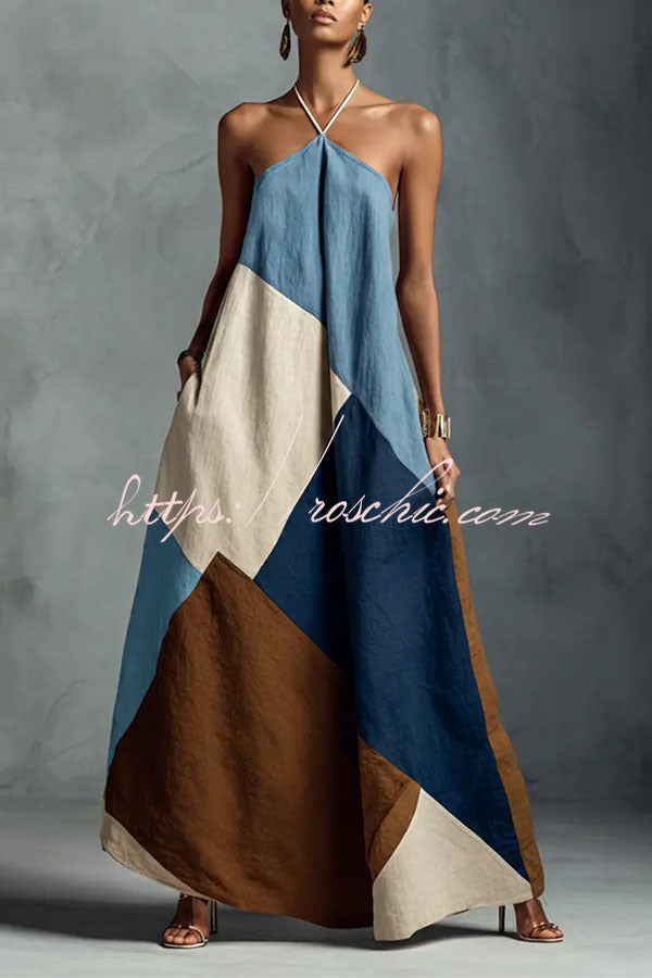 Tuscan Sun Geometric Patchwork Halter Dress
