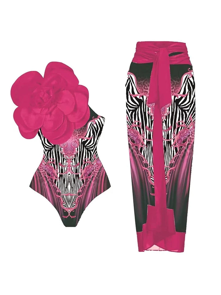 Magenta Floral Print 3D Flower Swimsuit