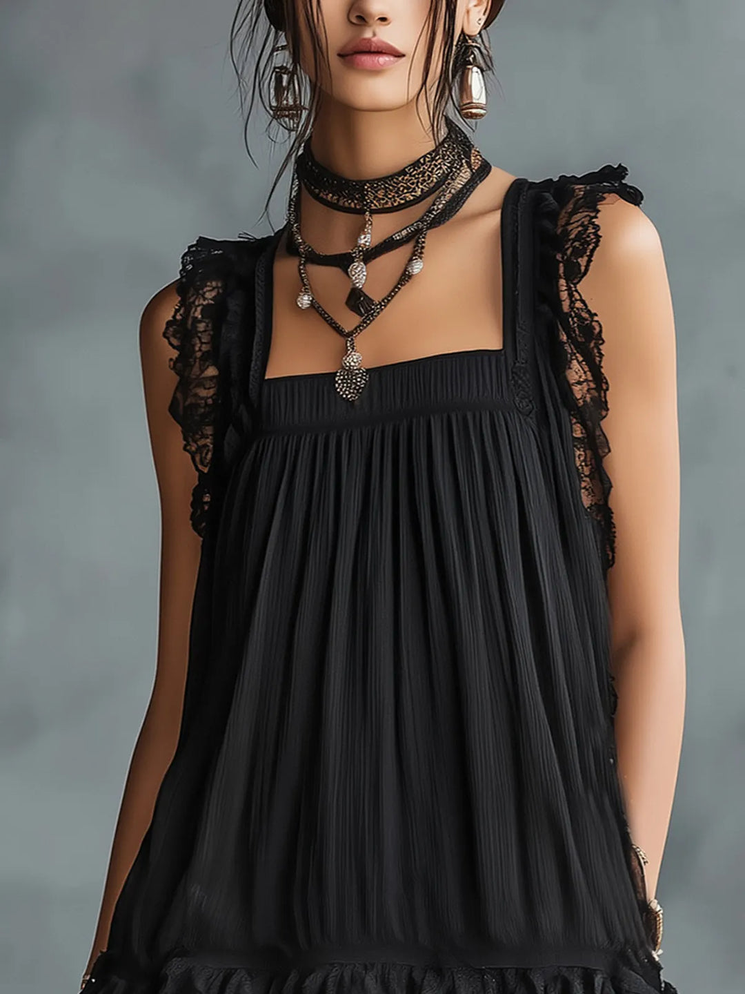 Black Lace-trimmed Ruffled Sheer Polka Dot Mini Dress