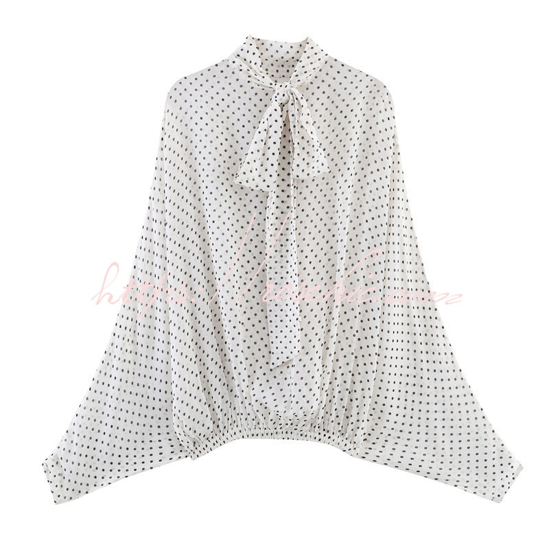 Seraphina Flowing Lantern-Sleeve Polka Dot Blouse