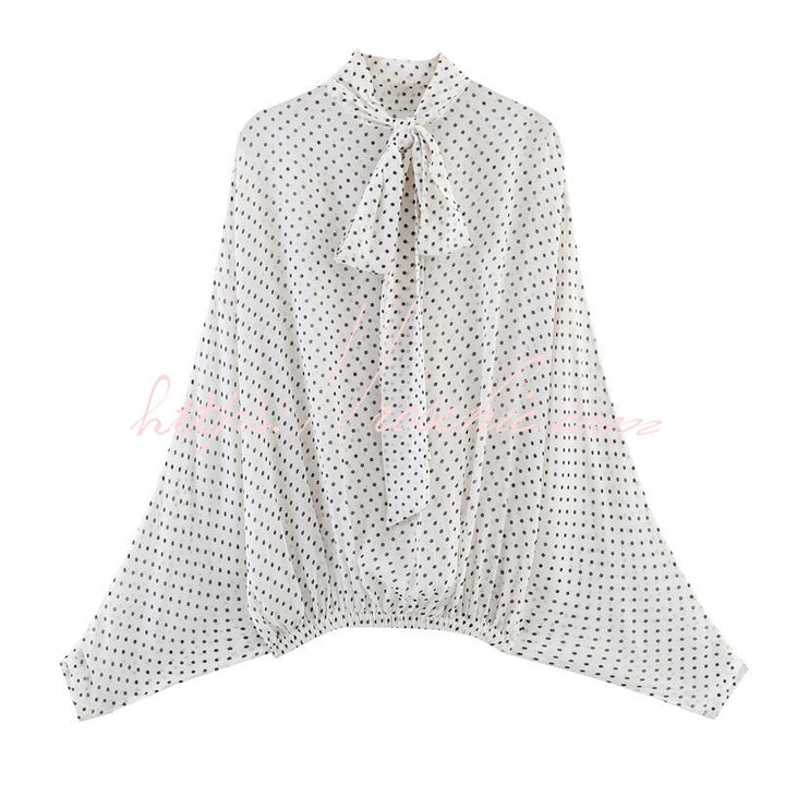 Seraphina Flowing Lantern-Sleeve Polka Dot Blouse