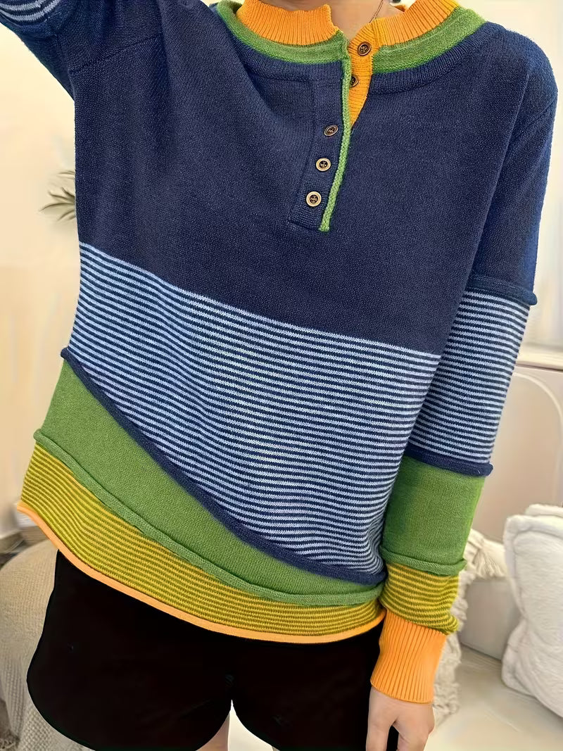 Lokina Striped Knit Sweater in Color Block Display, view 2 - Elena Harper