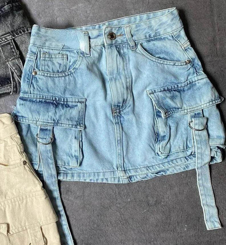 Women's Multi-Pocket Denim A-Line Mini Skirt, view 8 - Elena Harper