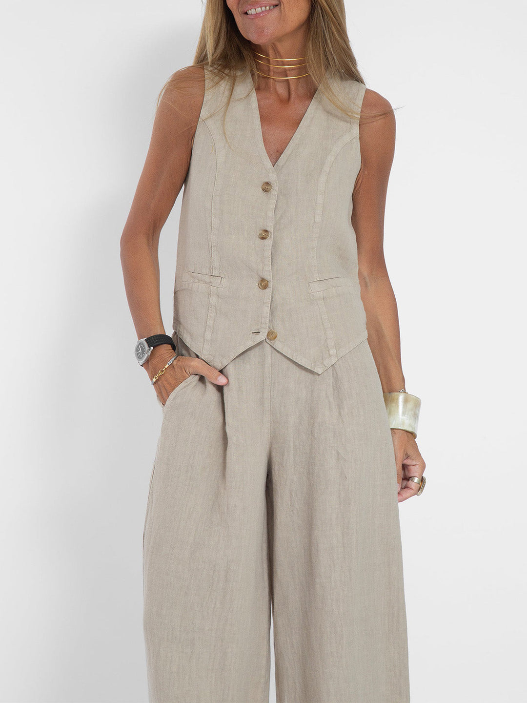 Women's Sleeveless V-Neck Wide-Leg Trouser Set - Elegant & Versatile