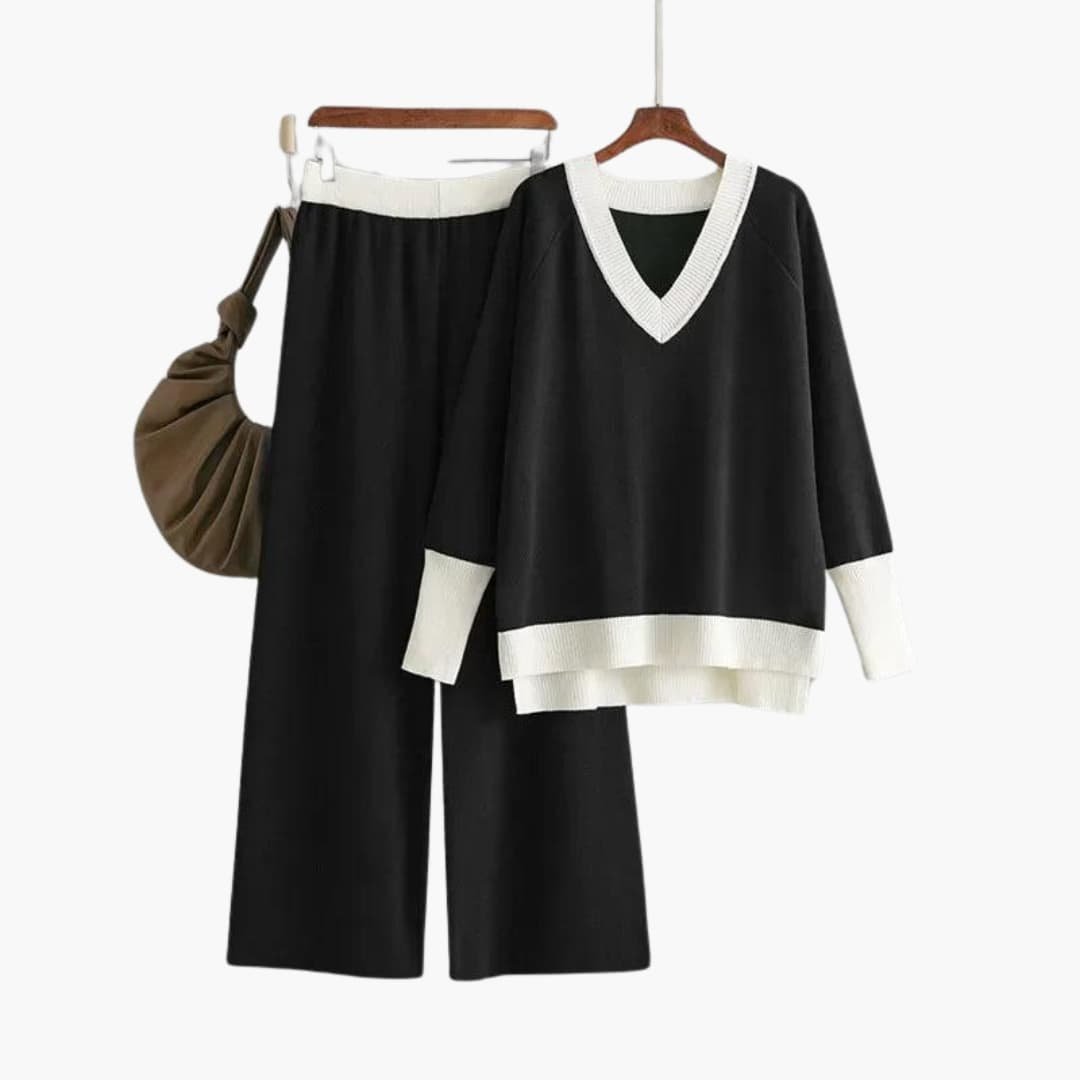 Nora | Modern V-Neck Knit Set with Wide Pants