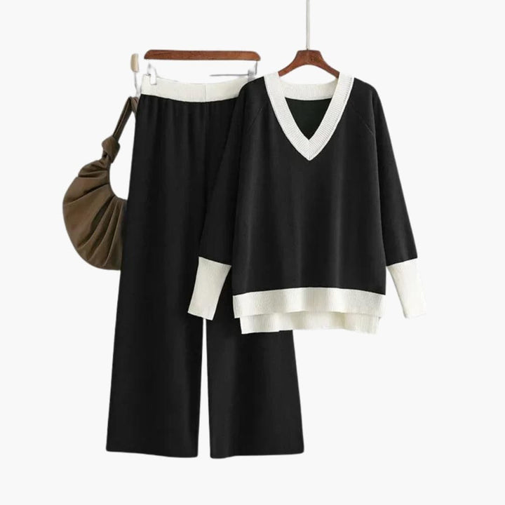 Nora | Modern V-Neck Knit Set with Wide Pants
