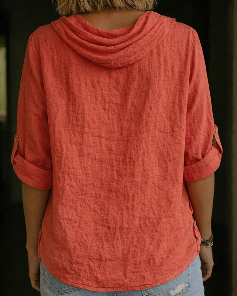 Women's Cotton Blouse with Folded Collar, Long Sleeves, Classic Fit
