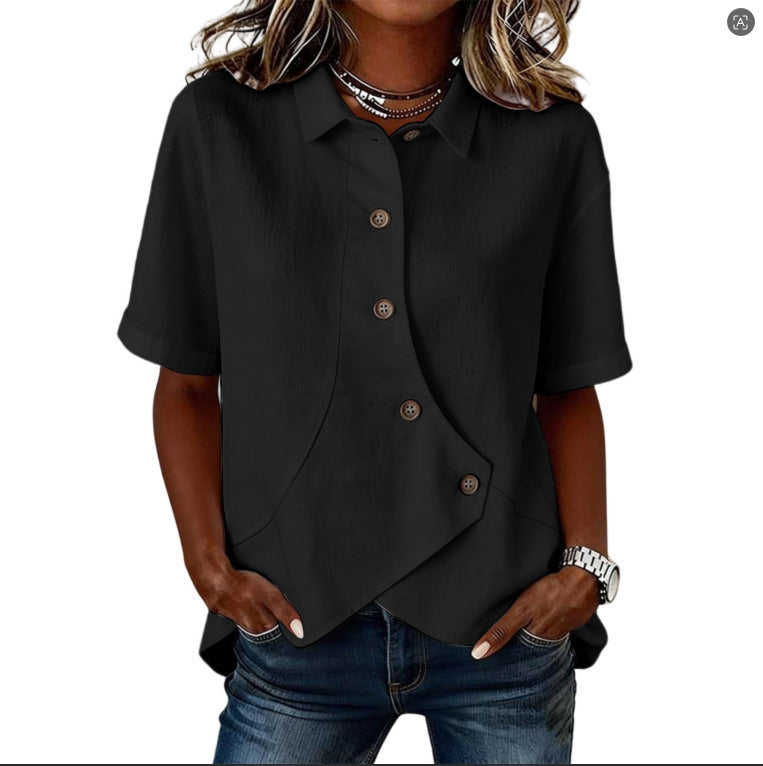 Women's Solid Color Shirt with Asymmetrical Buttoning and Short Sleeves