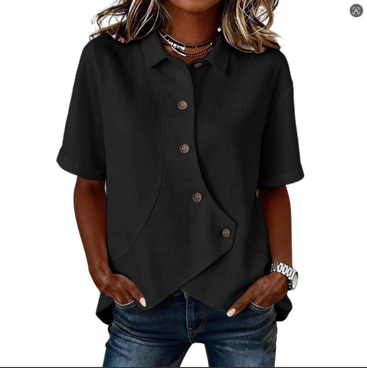 Women's Solid Color Shirt with Asymmetrical Buttoning and Short Sleeves
