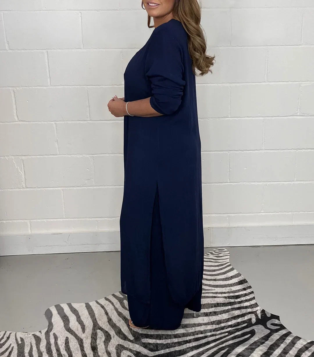 Women's Long Sleeve V-Neck Slit Top & Pants Set Relaxed Fit, view 4 - Elena Harper
