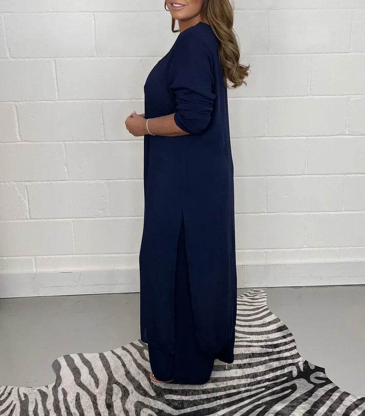 Women's Long Sleeve V-Neck Slit Top & Pants Set Relaxed Fit, view 4 - Elena Harper