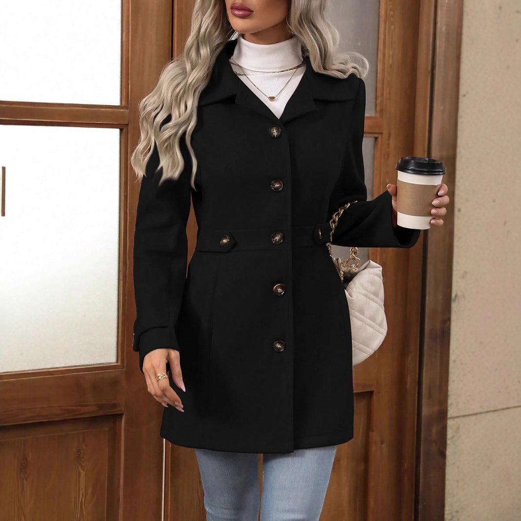 Women's Wool Blend Single-Breasted Coat – Elegant Mid-Length Blazer