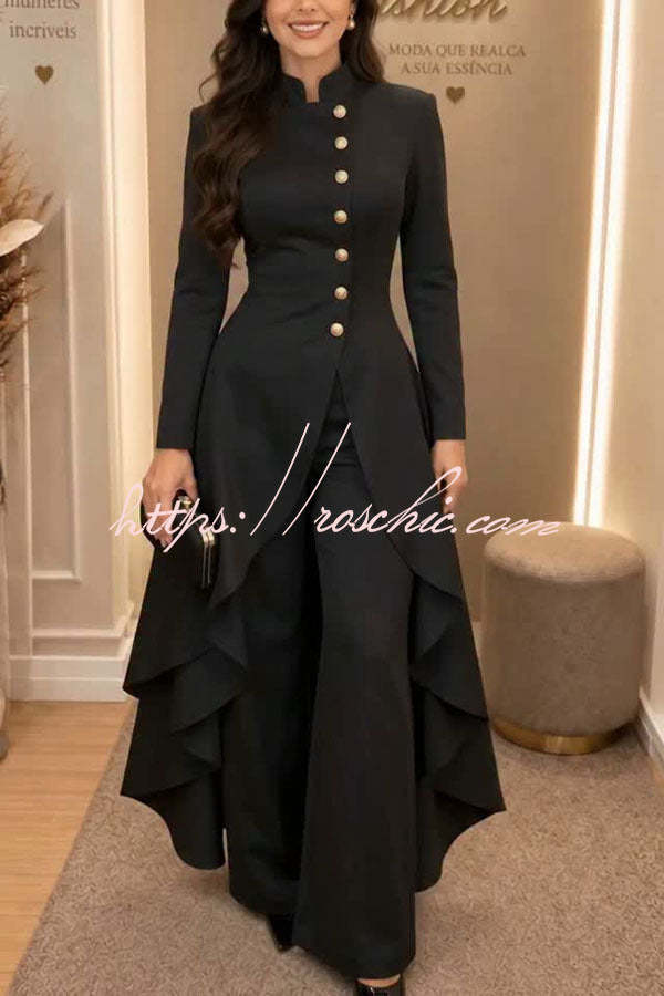 Jemma Stand Neck Long Sleeve Button High Low Hem Top and Wide Leg Pants Set (Shipped Within 24 Hours)