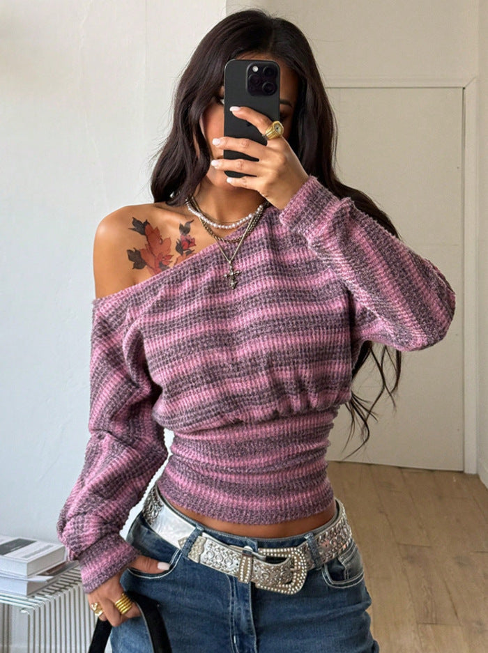 Striped women's top with high collar - Soft and simple