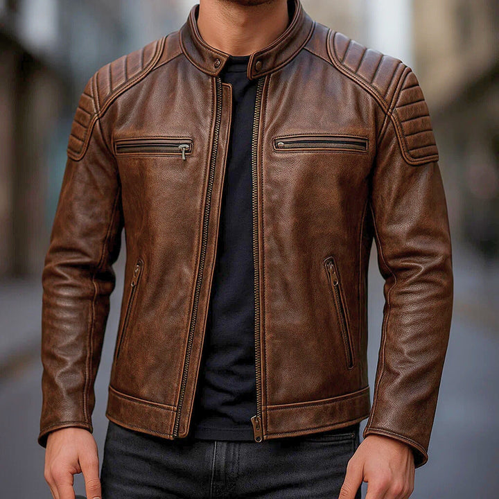 Men's Faux Leather Jacket with Reinforced Shoulders and Motorcycle Zip Details, view 3 - Elena Harper
