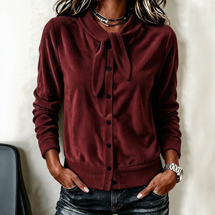 Women's Buttoned Sweater with Velvet Bow - Soft and Refined