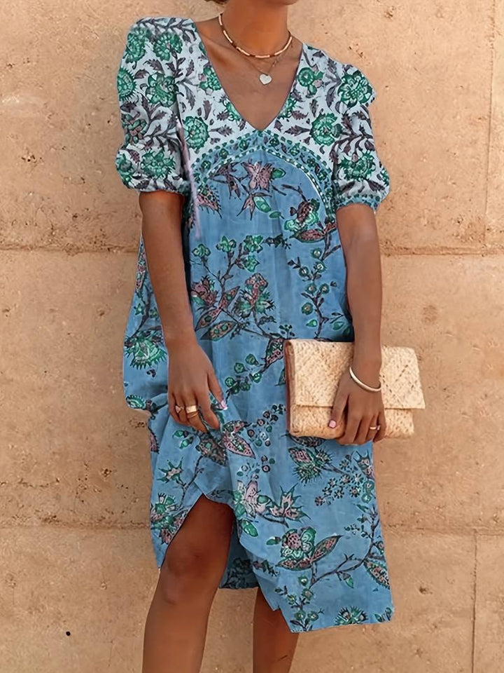 Abida Puff Sleeve V-Neck Multicoloured Dress