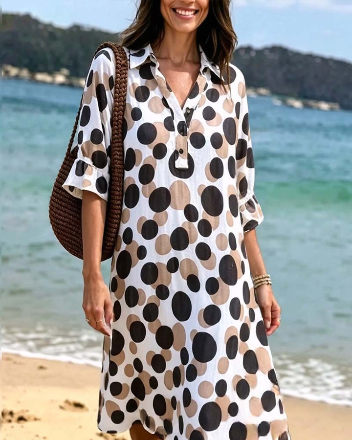 Elegant polka dot women's dress with fluid V-neck, view 4 - Elena Harper