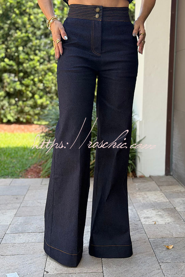 Kerstin Denim Flare Hem Strapless Zipper Top and High Rise Pocket Wide Leg Pants Set, view 5 - Elena Harper