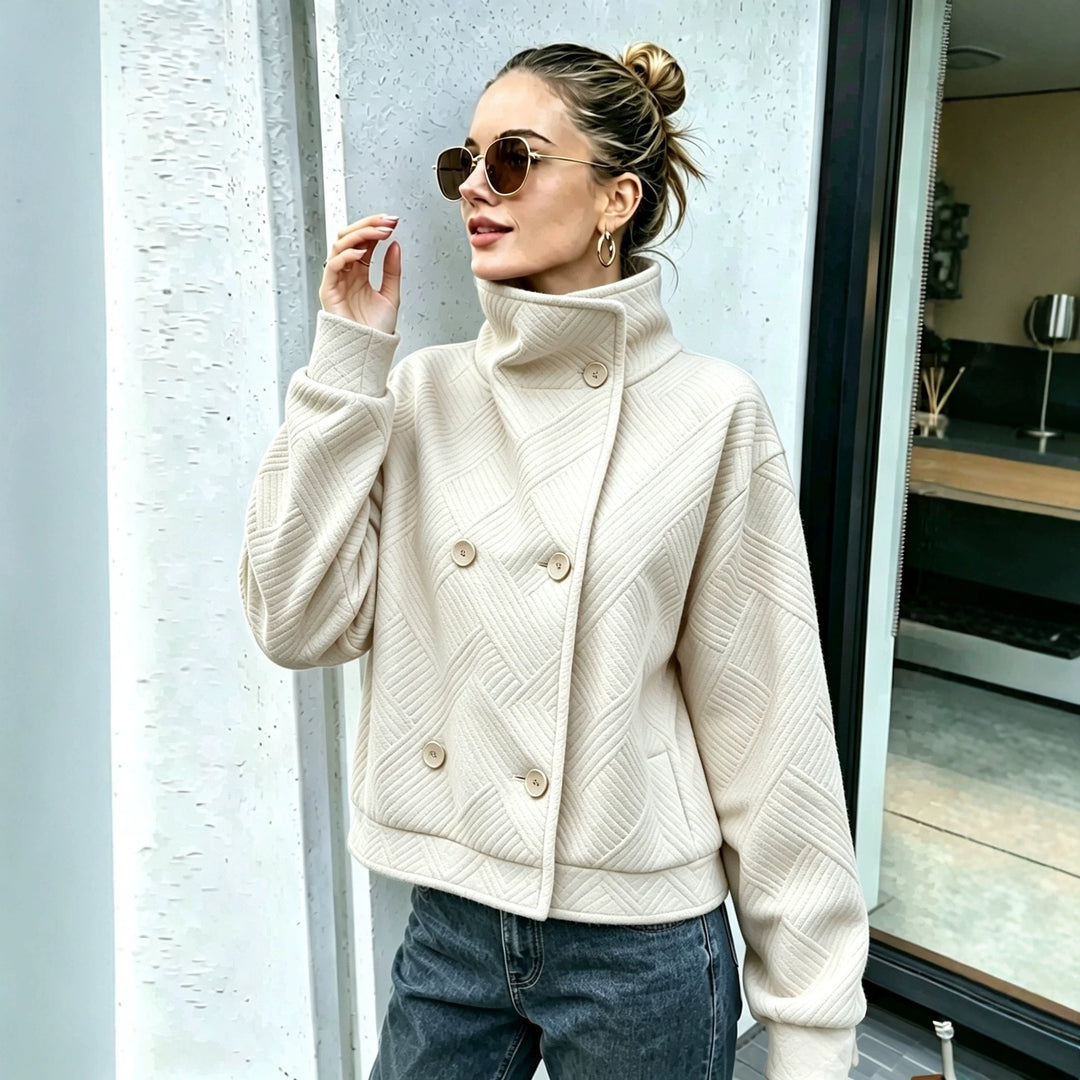 Double-breasted women's coat with high collar - Elegant and warm