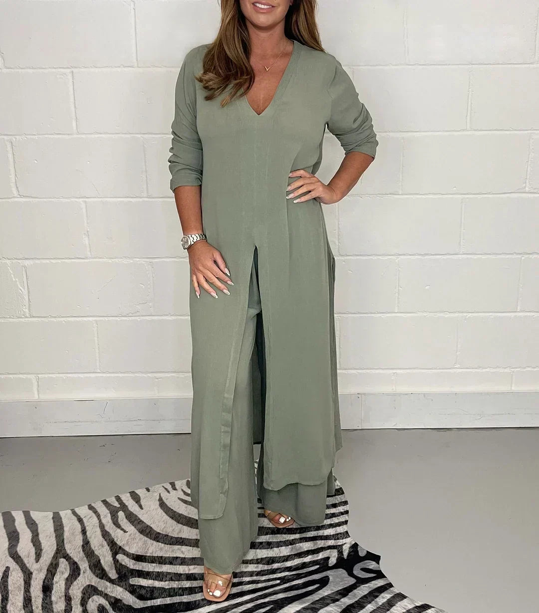 Women's Long Sleeve V-Neck Slit Top & Pants Set Relaxed Fit - Elena Harper