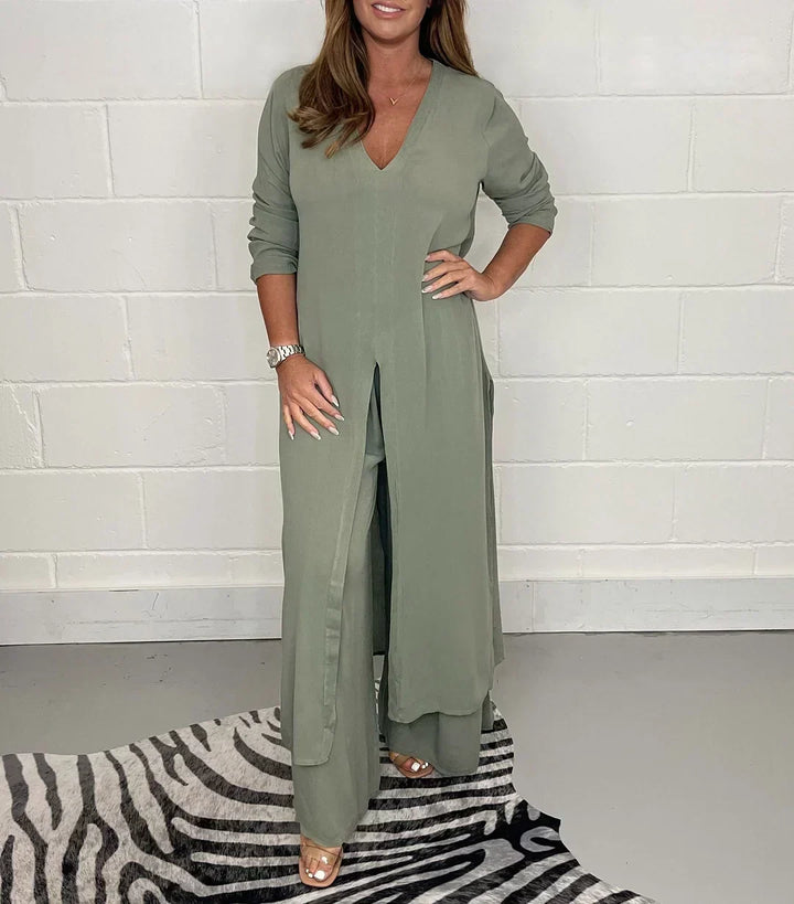 Women's Long Sleeve V-Neck Slit Top & Pants Set Relaxed Fit - Elena Harper