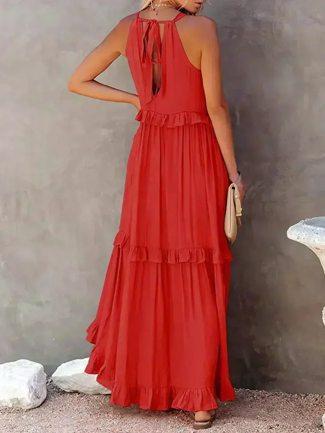 Delilah Elegant Halter Neck Ruffle Trim Dress - Elena Harper
