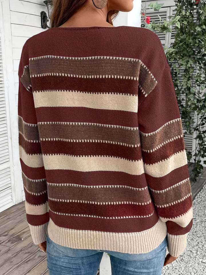 Women's Striped Knit Sweater with Round Neck