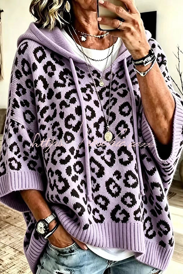 Comfortable and Casual Knit Leopard Print Half Sleeve Hoodie Sweater