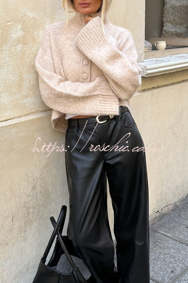 Martina Solid Color Knit High Neck Button Long Sleeve Wave Hem Crop Cardigan