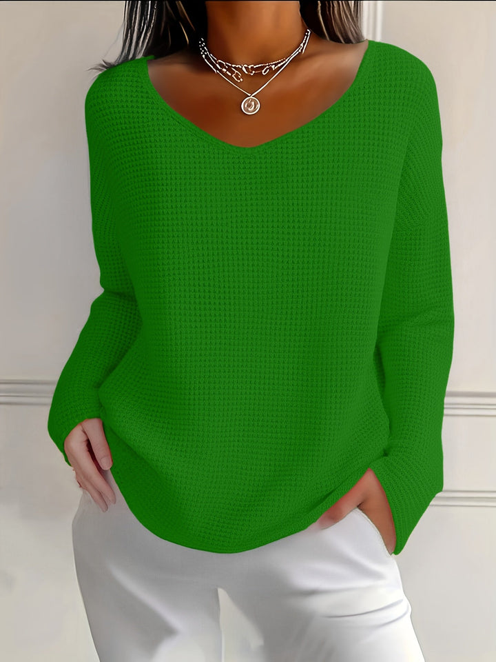 Bernice Long-Sleeve Shirt with V-Neck and Waffle Pattern, view 2 - Elena Harper