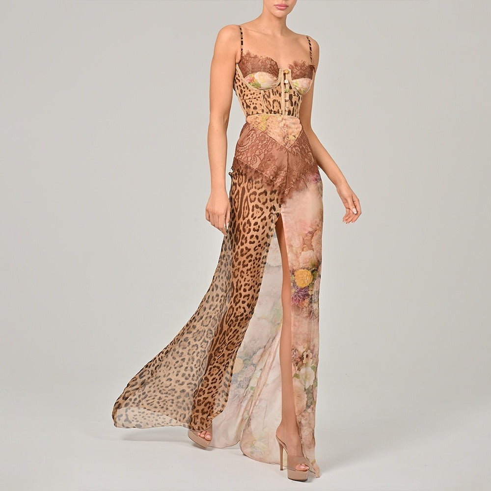 Asymmetrical Women's Dress in Lace and Printed Chiffon - Samira