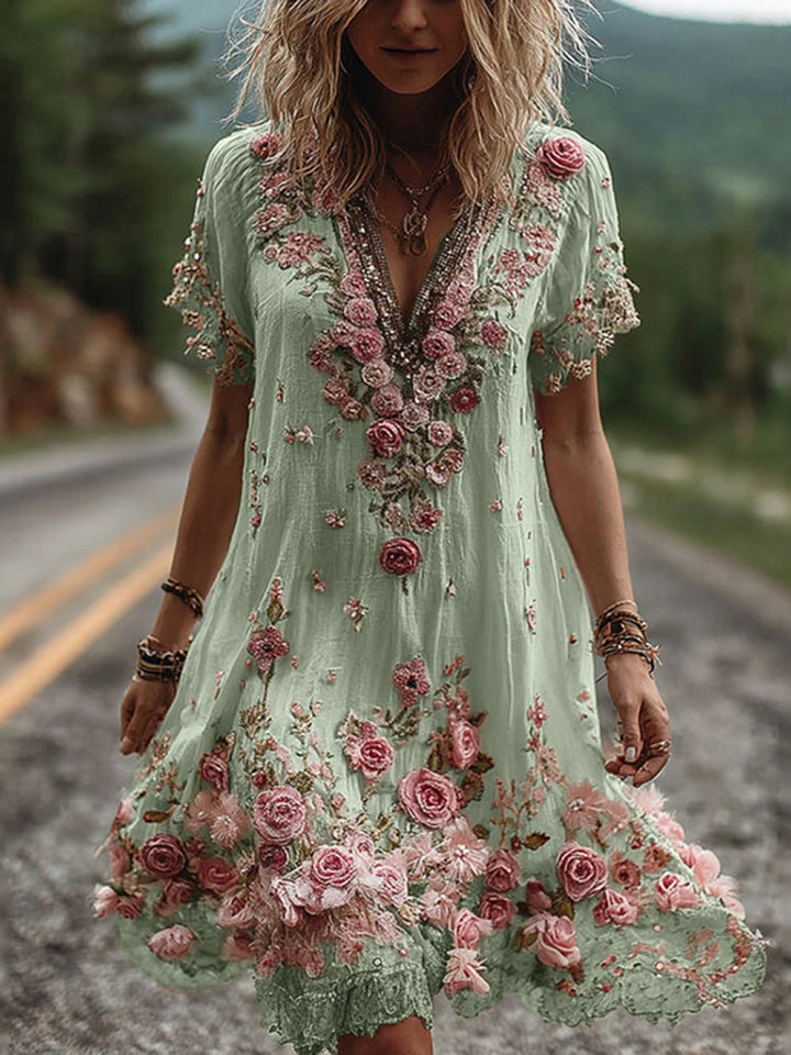 RUBY – BLOSSOM EMBROIDERED V-NECK DRESS