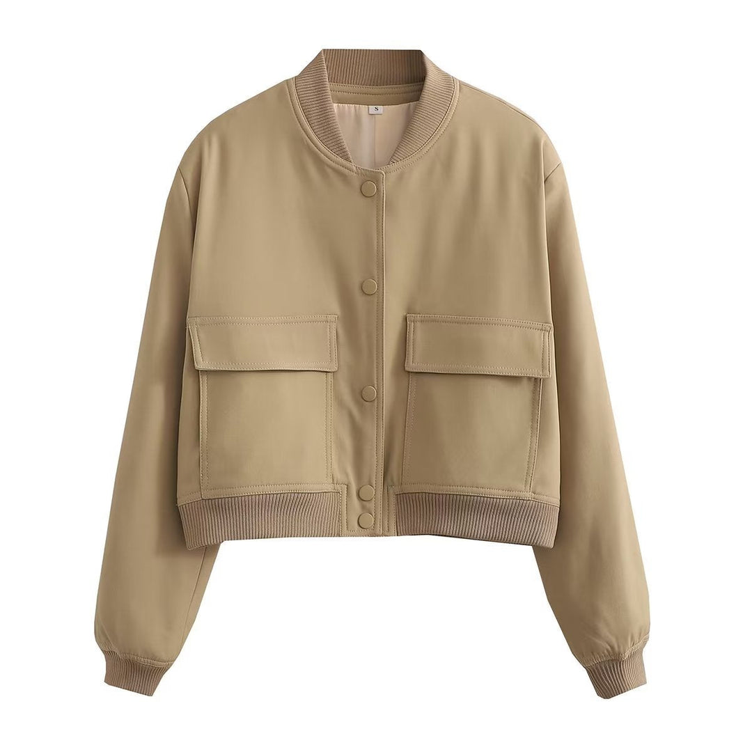 Women's Autumn Bomber Jacket with Front Pockets and Solid Color Design