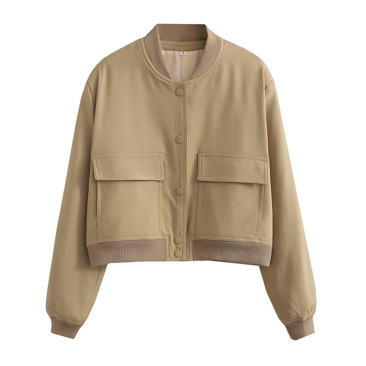 Women's Autumn Bomber Jacket with Front Pockets and Solid Color Design