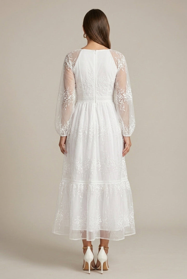 Women's V-Neck Long Sleeve Tiered Maxi Dress with Embroidery, view 2 - Elena Harper