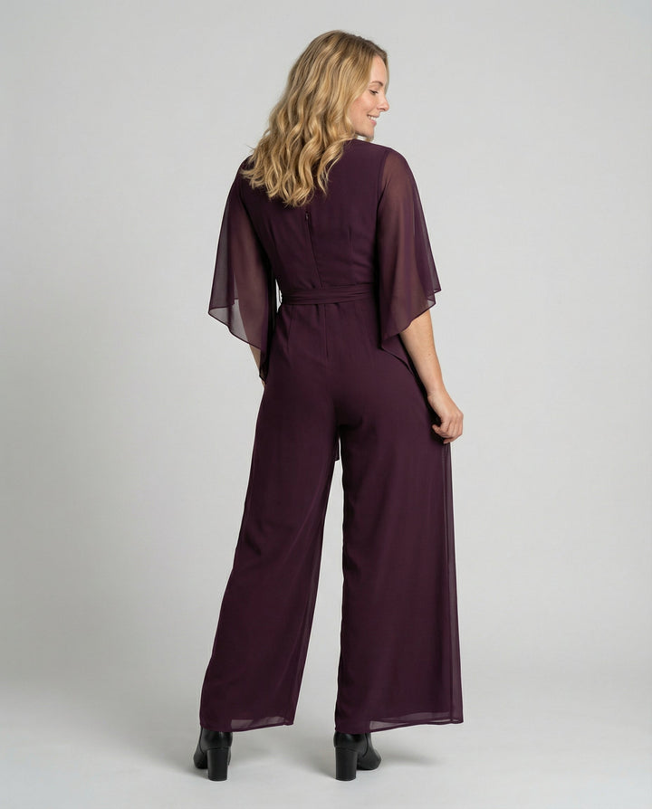 Women's Wide-Leg Jumpsuit Elegant Cascading Neckline & Lace-Up Waist, view 2 - Elena Harper