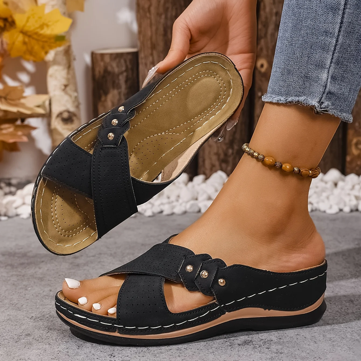 Vanesa Emma & Rose Cape Town comfortable wedge sandals with ankle straps and cork heels on a neutral background.