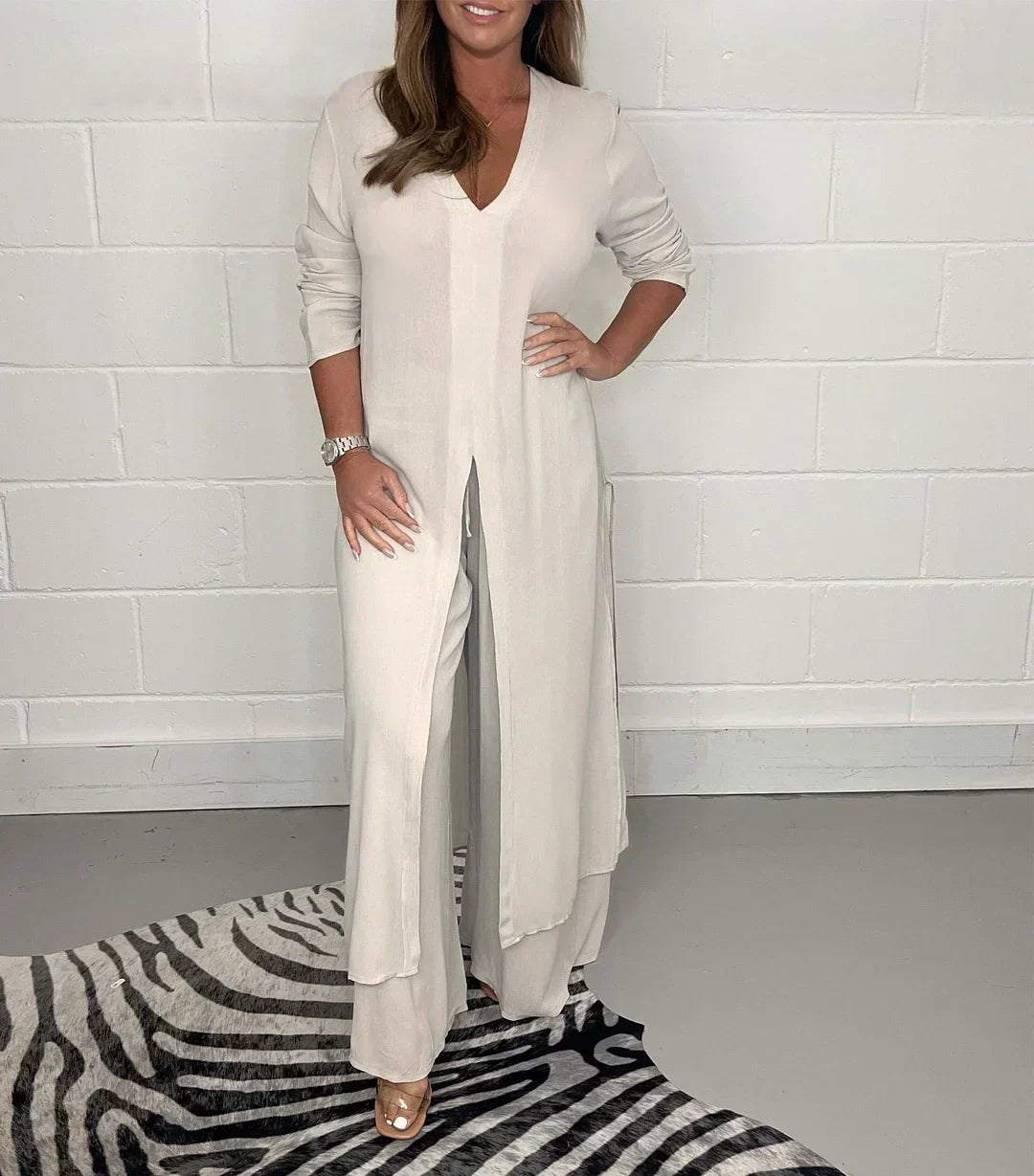 Women's Long Sleeve V-Neck Slit Top & Pants Set Relaxed Fit - Elena Harper