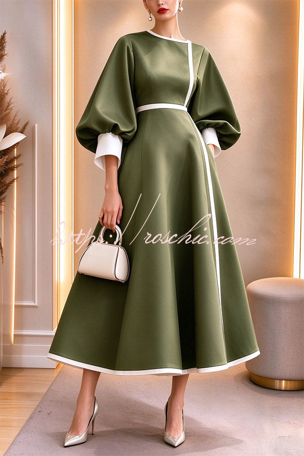 Elegant Color-block Lantern Sleeve Cinched Waist Pocketed Mid Dress