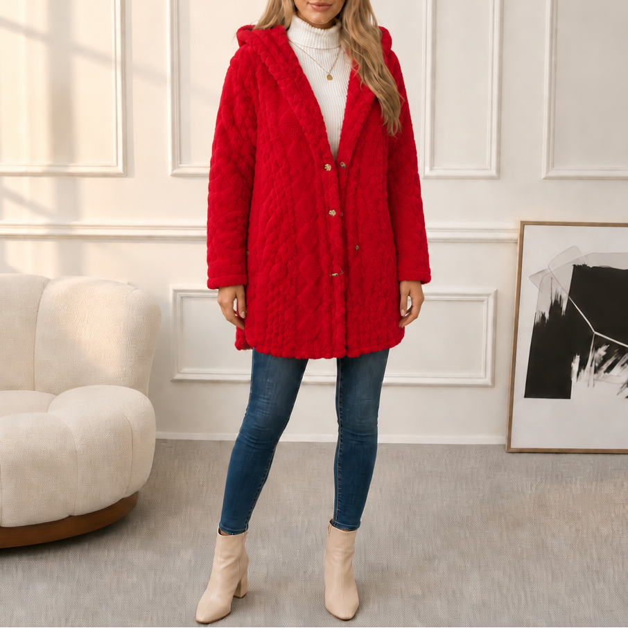 Amelia Plush Sherpa Jacket with Elegant Diamond Pattern, view 10 - Elena Harper