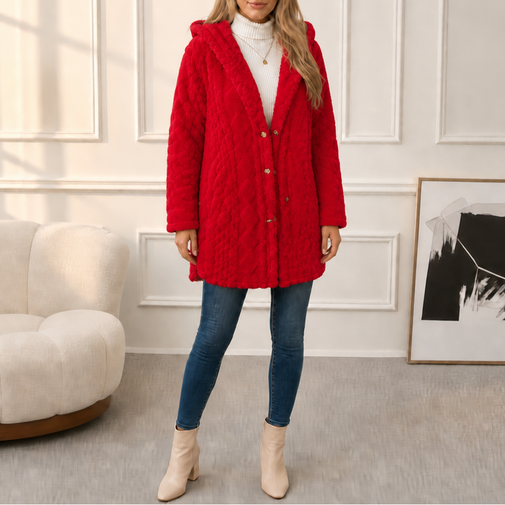 Amelia Plush Sherpa Jacket with Elegant Diamond Pattern, view 10 - Elena Harper